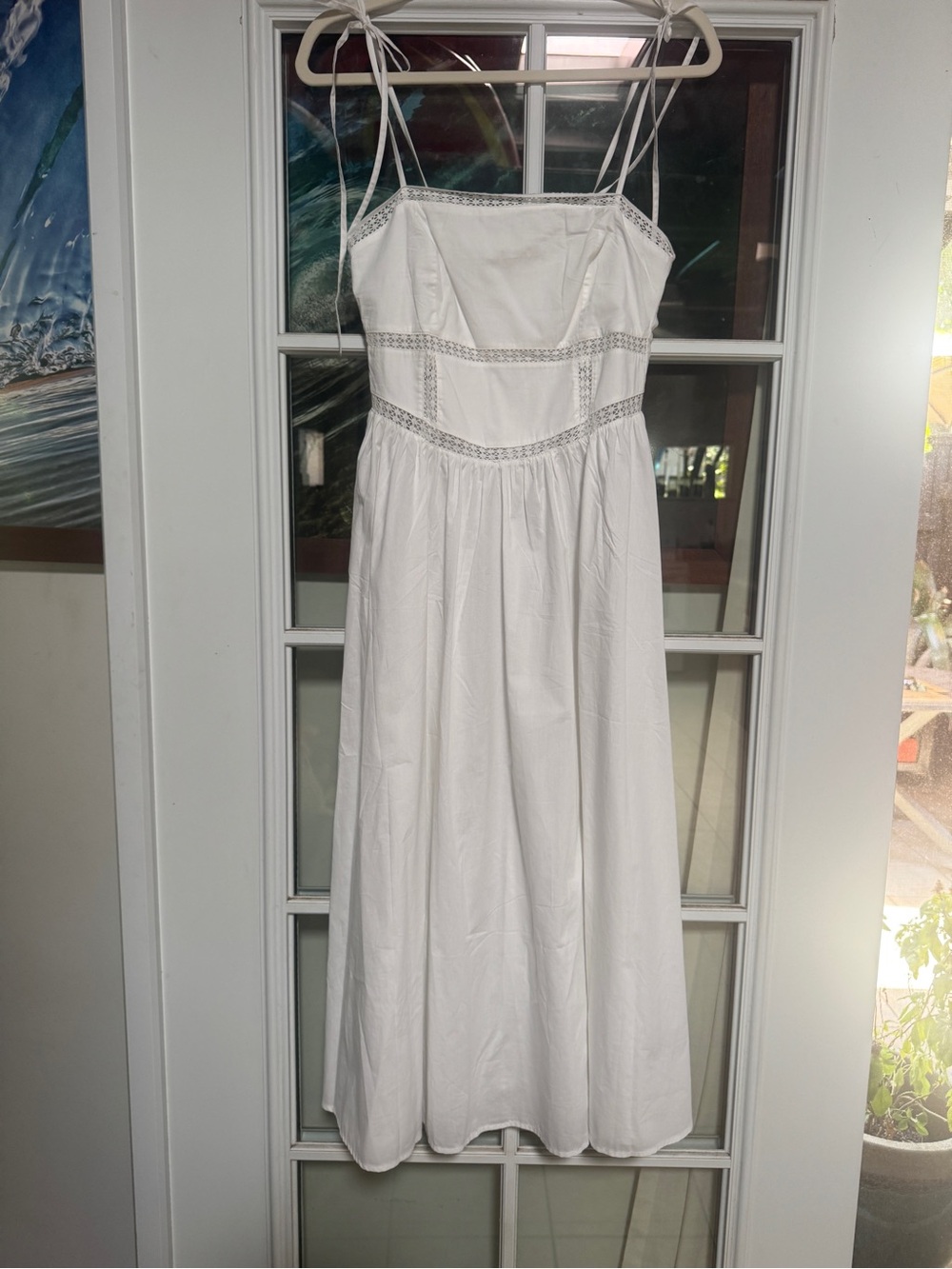 H&M White Lace trimmed Midi COTTON DRESS WITH TIE-TOP SHOULDER STRAPS